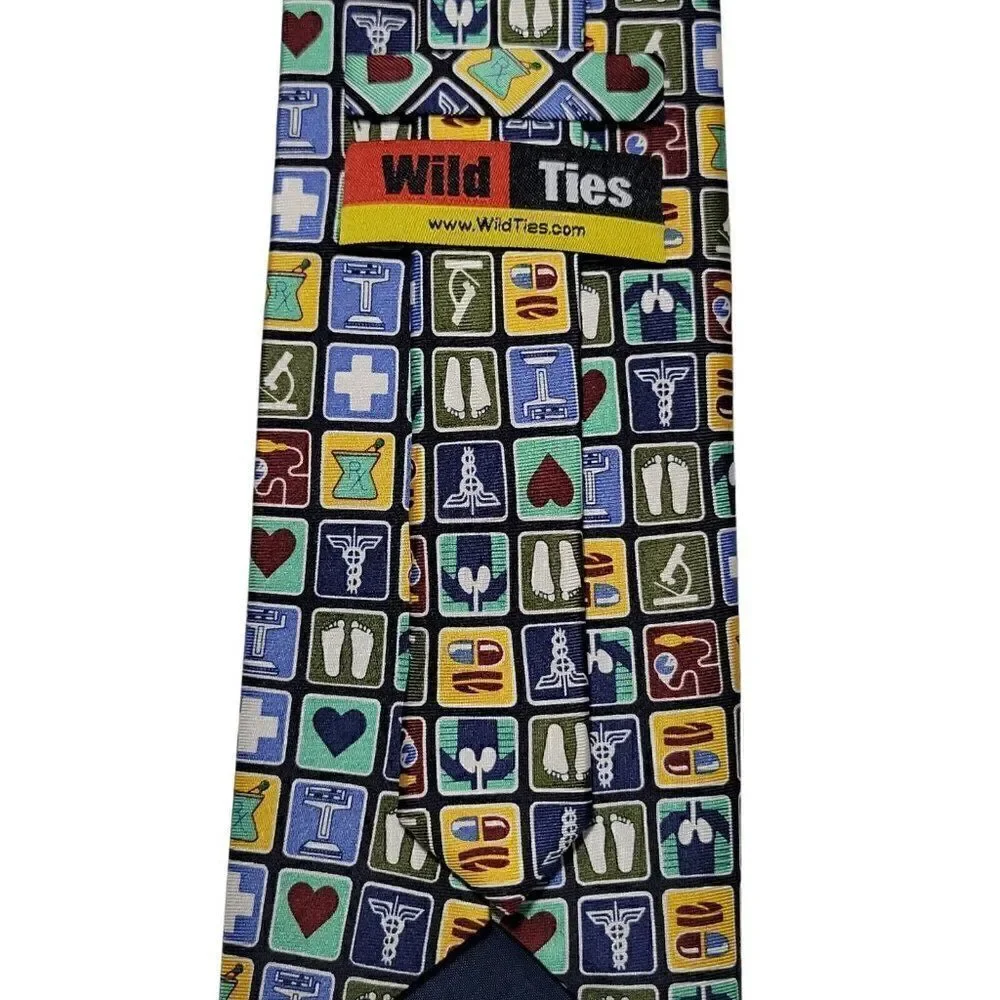 Wild Ties Mens Neck Tie Medical Symbols Instruments 100% Silk Multicolor 60